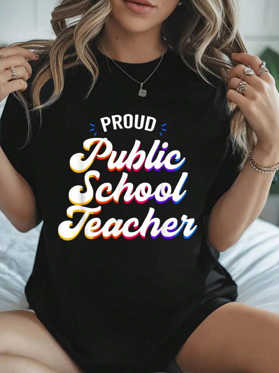 100% Algodón Orgulloso Maestro de Escuela Pública Trabajo Profesional Camiseta Impresa Camiseta de Algodón para Verano, Top de Manga Corta Suave para Mujeres, Camiseta Estilosa y Cómoda para Mujeres Camisetas Gráficas - Negro - Ver 1