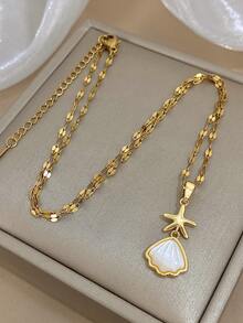 Shiny Gold Textured Chain Necklace With Starfish & Mother-Of Pendant - Fresh Nautical Design, Delicate Beachy Jewelry For Summer Casual Stylish Looks,Unisex, Valentine's Day Gift, Stainless Steel Necklace - Multicolor - View 8