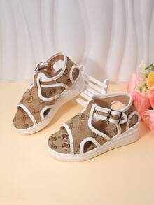 儿童字母图案布艺凉鞋一双 | 透气露趾踝带平底凉鞋 | 复古设计师款 | 夏季日常/海滩/休闲穿着 - 棕色 - 查看 6