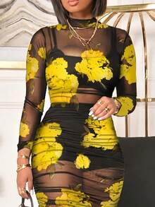 [Spring 3 Piece Set]Y2K Sexy See-Through Outfit, Print Midi Dress & Mesh Crop Top With Bodycon Skirt, Layered Night Out Set - 黃色 - 查看 4