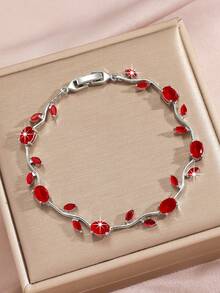 1条优雅时尚铜质全镶钻祖母粉、紫、绿锆石花叶链手链，长度20厘米，低过敏性，百搭设计，适合女性日常佩戴、节日、约会、派对、婚礼，或作为情人节、母亲节礼物。 - 紅色 - 查看 8