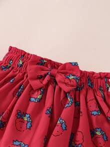 H HIBOBI 3pcs/Set Baby Girls Spring/Summer Short Sleeve Eid Mubarak Printed Bodysuit, Skirt And Headband Set - Hot Pink - View 8