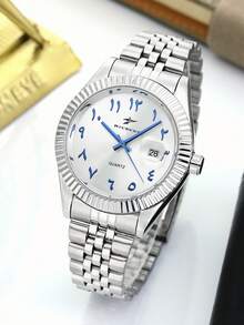 RICECGO 1pc Men's Classic Quartz Steel Strap Wristwatch With Calendar Display, Suitable For Daily Wear, Business Occasions, High-End Exquisite Gift