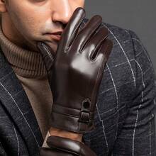 Men's Gloves For Driving, PU Leather Gloves For Business, Warm And Thickened For Autumn And Winter; - 棕色 - 查看 7