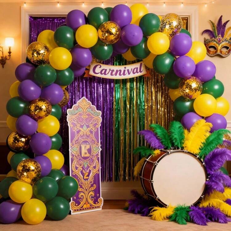 102pcs Mardi Gras Carnival Balloon Arch Set, Purple Green Gold Latex Balloon Set, Used For Carnival Party Decoration, Masked Ball Party Birthday Party Decoration - Multicolor - View 8
