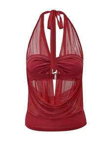 Women's Y2k Halter Top Tie Open Back Rave Going Out Tops Draped Cowl Neck Mesh Ruched Tank With Metal Ring Bendeau Bra Party Clubwear - 紅色 - 查看 10