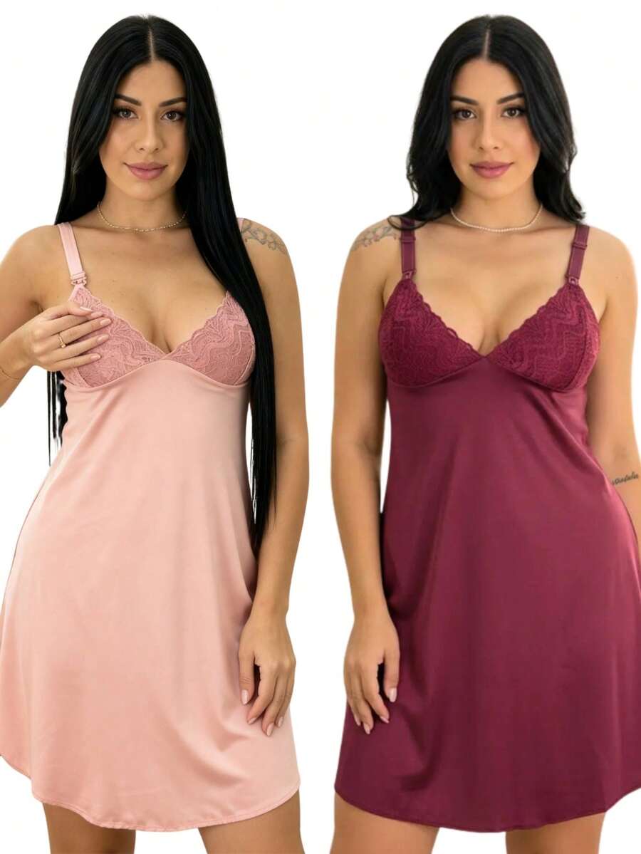 Camisola Amamentação Abre Fácil Gestante Grávida Pijama Conforto Pós Parto Maternidade Microfibra - Rosa e Vinho - Visão 1