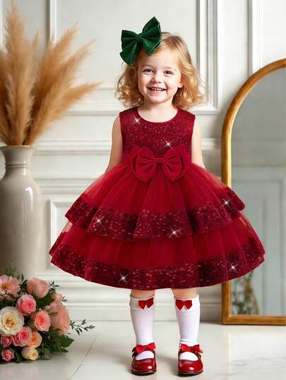 女婴纯色亮片网纱蝴蝶结薄纱蛋糕裙无袖可爱花童派对礼服，不含头饰