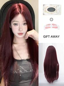 SHUDUO Tóc giả ren dáng trán 5*1, tóc giả dài thẳng ren dáng trán, tóc giả màu đỏ rẽ ngôi giữa, tóc giả nửa tết tự nhiên hàng ngày, tóc giả thời trang chân thực (Không bao gồm phụ kiện) - Màu đỏ tím - Xem 5