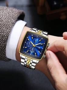 1件经典时尚方形三眼刻度日历表盘男士石英腕表，不含表盒 - 藍色 - 查看 2