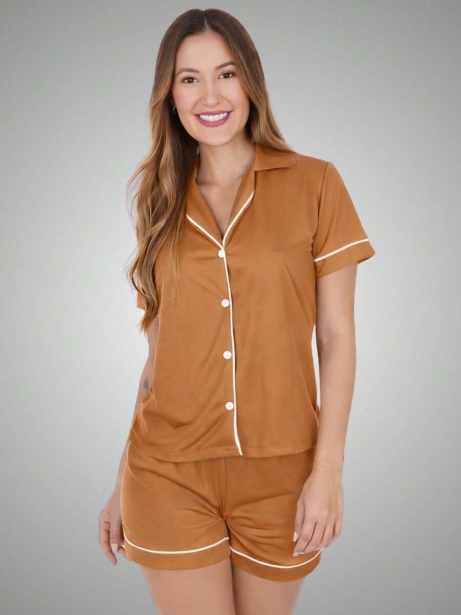 American-Style Pajama Set With Collar And Shorts With Buttons That Open For Breastfeeding. - Lạc đà - Xem 1