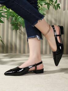 2025 Summer New French Style Buckle Pointed Toe Low Vamp Backless Flat Sandals, Princess Shoes - Black - View 7
