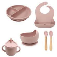 8pcs/6pcs/5pcs Baby Feeding Utensil Set, Silicone Tableware, Bib, Plate, Bowl, Fork & Spoon, Straw Cup - Multicolor - View 12