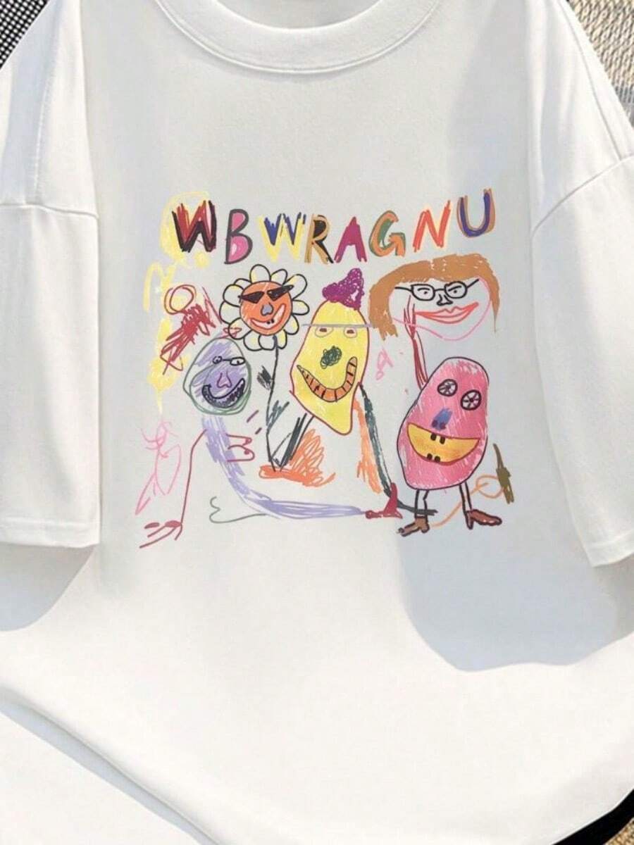 Wo Short-SLeesve T-Shirt with Colorful Hand-Drawn Patterns a Versatile Top That Combines Personality And Creativity - Blanco - Ver 1