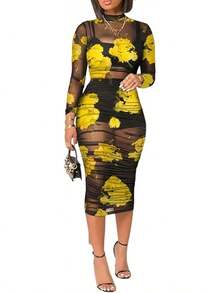 [Spring 3 Piece Set]Y2K Sexy See-Through Outfit, Print Midi Dress & Mesh Crop Top With Bodycon Skirt, Layered Night Out Set - 黃色 - 查看 2