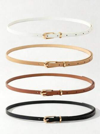 4pcs Women's Classic PU Leather Skinny Waist Belt Set - Solid Color Buckle Adjustable Waist Belt, Suitable For S Size Pants, Dresses, Casual, Office, Party Outfits, Essential For Autumn, Halloween