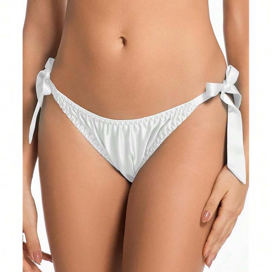Women Silk Panties Lightweight Briefs Smooth Breathable Satin Bikini,Sexyys Tie-Side Underwear Daily Fit Comfort,White - white - 查看 1