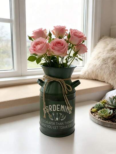 Vintage Military Green Iron Teapot Shaped Vase With Rope Drawstring, "Gardening Is Cheaper Than Therapy & You Get Tomatoes" Funny Slogan, Rustic American Style. Suitable For Fresh/Dried Flowers Or Greenery, Can Be Placed In Living Room, On Window Sill, Or Dining Table. Serves As Both A Vase And Desktop Storage Jar (For Pens/Small Tools), Great Value