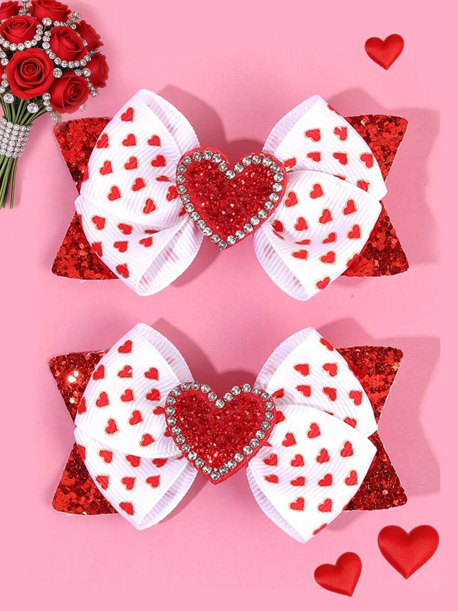 2 chiếc kẹp tóc ngày Valentine, in hình trái tim, kẹp tóc hình trái tim màu hồng bóng, thích hợp cho tiệc Valentine, phụ kiện tóc cho tuổi teen. - Nhiều màu - Xem 1