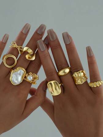 9-Piece Set Of Faux Pearl Inlaid Ring Layering Set, Elegant And Sexy Faux Pearl Polished Ring, Cold Style, Simple And Versatile Ring Set