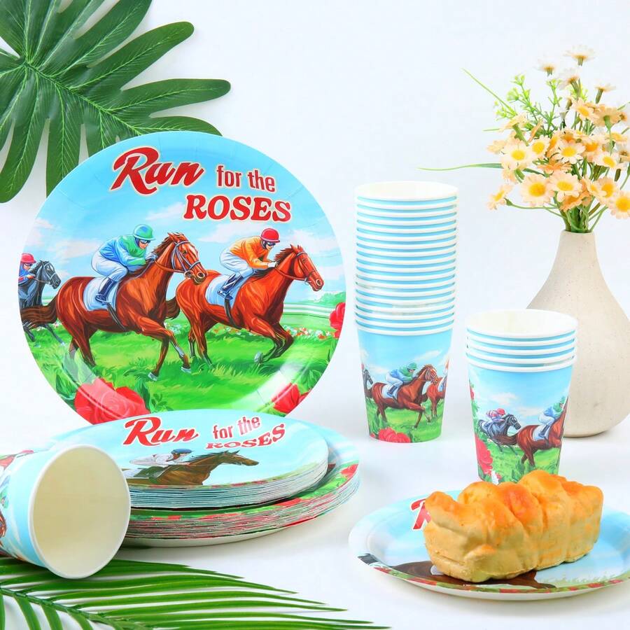 Racing Horse Disposable Tableware Set, 7/9 Inch Party Plates, Disposable Paper Plates And Cups Suitable For Holidays, Weddings, Engagements, Weddings, Birthdays, Parties, Celebration Events - Multicolor - View 1
