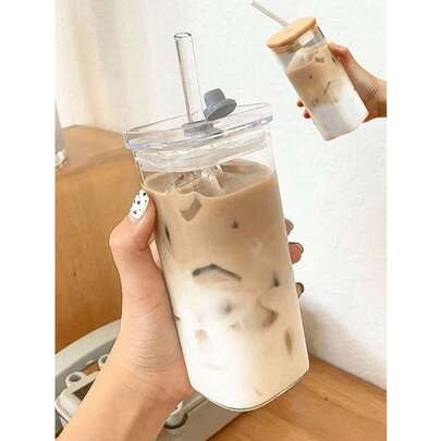 1 pieza Taza de vidrio cuadrada resistente al calor de 400ml con tapa y pajita, transparente, apta para té con leche, jugo, vajilla de bar en casa, útiles escolares