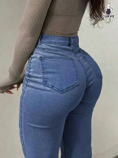 Plus Size High Waist Elastic Skinny Lifting Butt Solid Color Jeans, Fashion Leggings, Versatile For Autumn/Winter