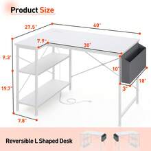 EnHomee 40"W Gaming Desk L-Shaped Computer Desk With Power Outlets Home Office Desk With Storage Shelves For Small Rooms - 白色 - 查看 9