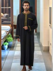 男士沙特迪拜风格黑色长袍/坎杜拉 - 中东伊斯兰斋月长袍，适合开斋节和斋月祈祷，长袖宽松阿拉伯长袍，沙特风格斋月祈祷长袍，轻便阿拉伯祈祷长袍，黑色开斋节斋月伊斯兰长袍坎杜拉 - 黑色 - 查看 15