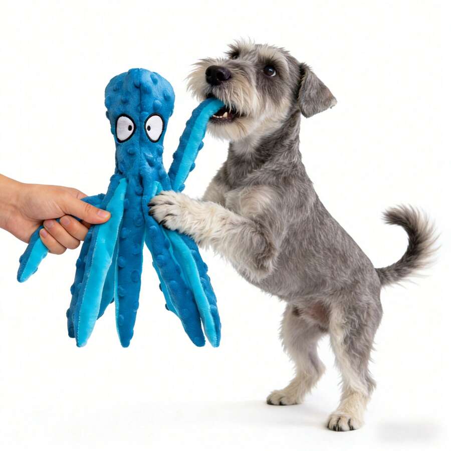 Hollypet Juguete de peluche de pulpo con chirrido para perros, juguete de perro suave y chillón para perros medianos y grandes, juguete interactivo para perros contra el aburrimiento, juguete masticable duradero con sonido para jugar en interiores o exteriores, juguete de peluche resistente a mordeduras que les encanta a las mascotas - Azul - Ver 1