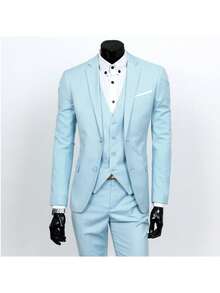 Men Suit Set,Groom's Three-Piece Suit, British Casual Business Suit, Men's Wedding Attire, Groomsman's Suit, Slim Fit And Handsome. - 淺藍色 - 查看 2