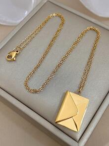 1Pc Sparkling Gold Envelope Pendant Necklace - The Envelope Opens, Features A Simple Design, Suitable For Everyday Casual Wear, Unisex, Valentine's Day Gift, Stainless Steel Necklace - Multicolor - View 2