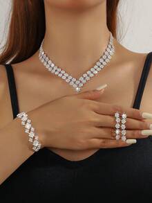 4pcs Luxury Rhinestone Geometric Double Layer Necklace, Earrings, Bracelet Jewelry Set, Elegant Fashion Accessories Suitable For Women's Daily Commute, Wedding, Party - Silver - View 5