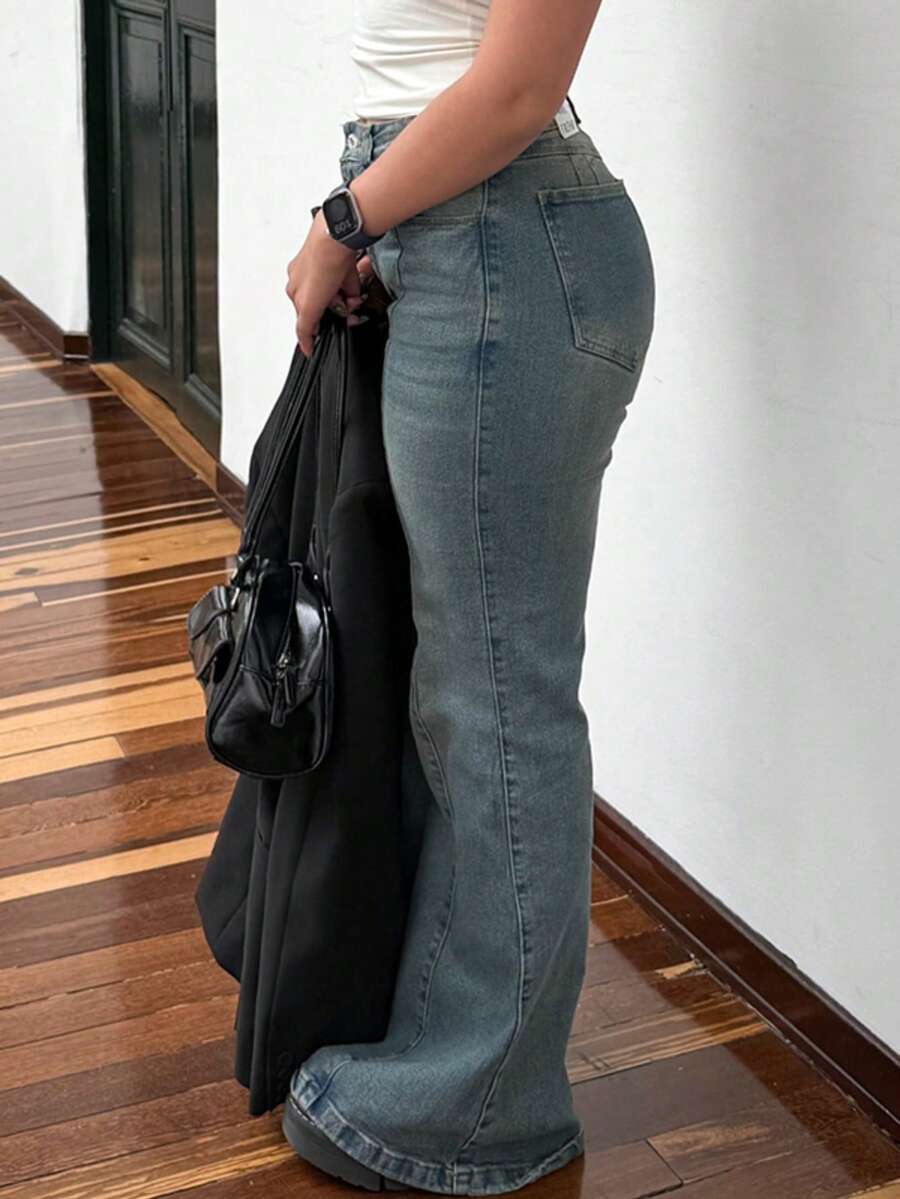 Valentine's Day Women Bootcut Jeans Flare Jeans Mid-High Waisted Stretchy Straight Leg Jeans Seamed Front Loose Denim Pants Spring Clothes - 灰藍色 - 查看 1