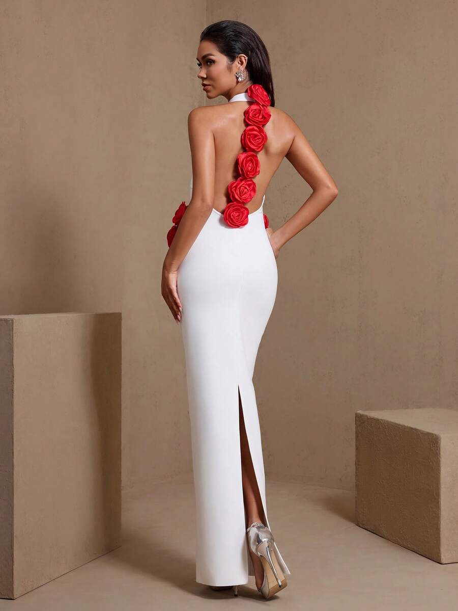 女士优雅无袖露背中长连衣裙，背部饰有醒目的红色玫瑰花，铅笔针织面料，适合派对穿着 - 白色 - 查看 1