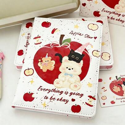دفتر ملاحظات جلد PU بتصميم طباعة الأبل والدب الصغير مقاس A5، صفحات داخلية ملونة سميكة وعالية الجودة، يومية/مفكرة طالب جذابة