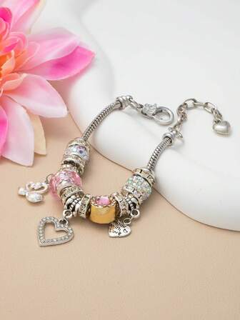 1件优雅天鹅设计简约美学多巴胺心形手链，韩式/日式风格