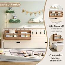 FUNIDEE Full Size Platform Bed With Trundle, Platform Bed Frame With Built-In Bookshelves And Rounded Small Staircase, Bed Frame With Guardrails For Kids - Màu be - Xem 6