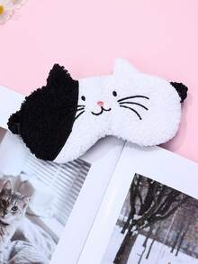 1 pieza Antifaz de peluche de gato negro y blanco para niñas, de poliéster, con ojos y boca bordados, máscara de dormir elástica y linda para uso diario - Blanco y Negro - Ver 3