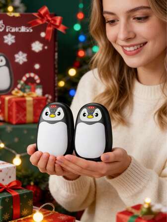Söt pingvinhandvärmare med powerbankfunktion, 4000*2mAh, 2-pack laddningsbara bärbara handvärmare, 3 temperaturinställningar, dubbelsidig uppvärmning, snabb uppvärmning för kallt väder, julklapp, skidåkning, fiske, vandring, utomhusaktiviteter