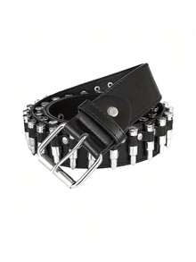 1PC Rivet Punk Belt PU Leather Bullet Belt Fashion Joker Punk Style Bullet Belt New Ladies Personalized Decorative Belt Summer, School Fall, Autumn, Halloween - Black - View 3