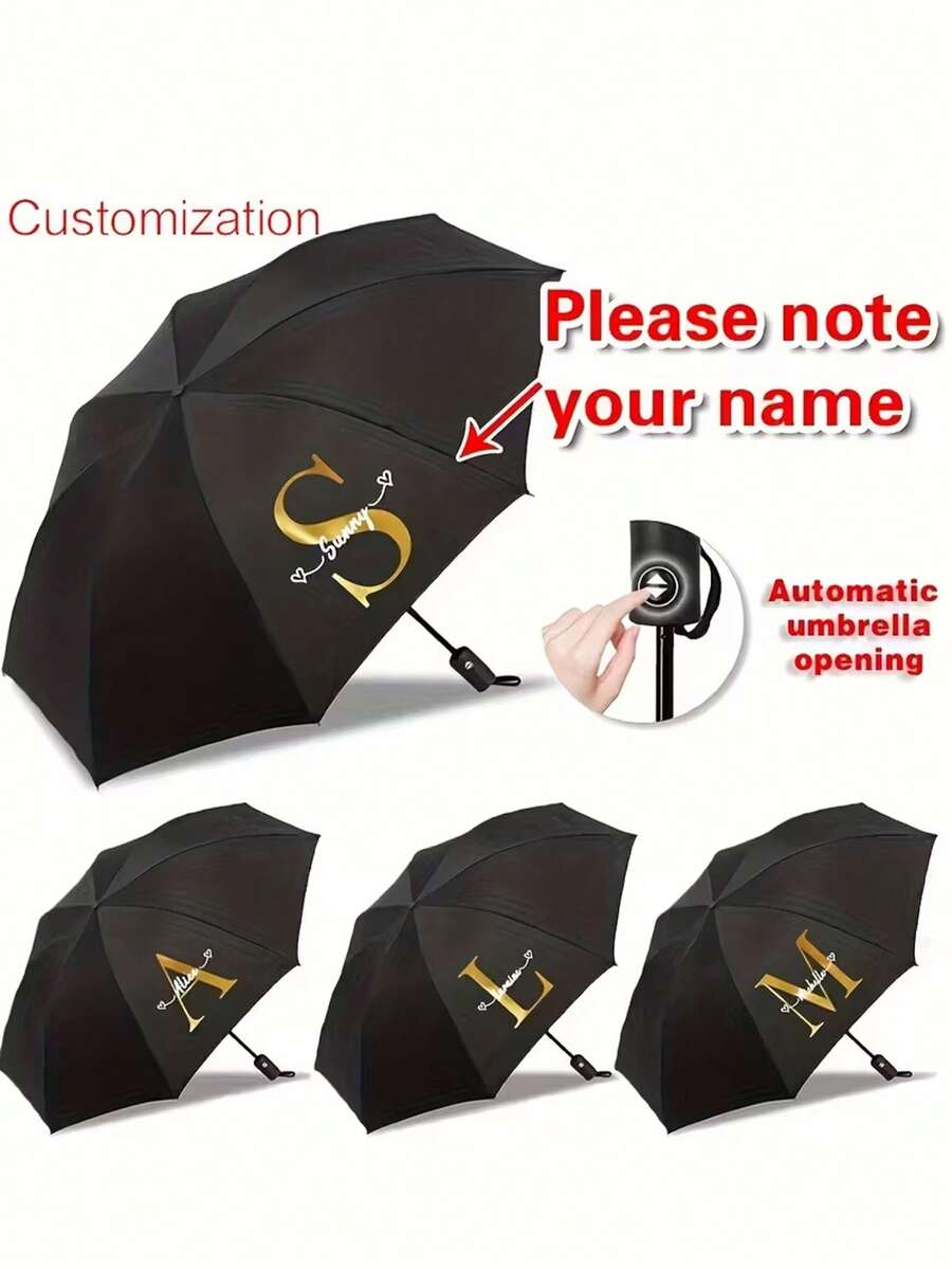 Personalized Automatic Umbrella With Name/Text & Logo,Personalized Custom Umbrellas With Names,Automatic 8-Rib Umbrella - Automatic Open/Close, 8-Rib Compact Folding Umbrella, Portable Travel Umbrella With Logo/Name (Black Canopy, Luxury Golden Letters) - Ideal For Business, For Gifting ,Automatic Opening, Unique Gift For Women - Multicolor - View 1