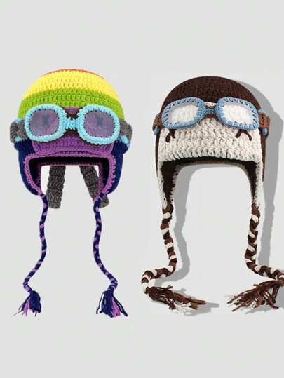 1pc Unisex Handmade Crochet Thick Contrast Color Knitted Hat With Detachable Glasses, Cute Trapper Earflap Hat, Warm And Windproof For Autumn/Winter