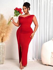 BIUBIU 大码女式优雅简约性感不对称领口垂褶红色A字迷你连衣裙 - 通勤、音乐节和度假的完美之选，优雅的春夏装扮，理想的秋季婚礼宾客服装，以及情人节和生日派对的理想选择。 - 紅色 - 查看 3