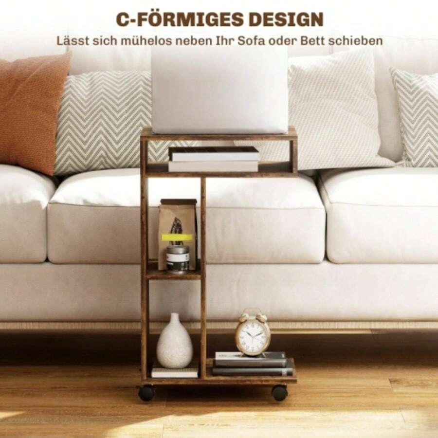 Side Table, C-Shaped Serving Trolley, 4 Wheels, 3 Compartments, 40 X 30 X 69 Cm, Rustic Brown - Rust Brown - View 1