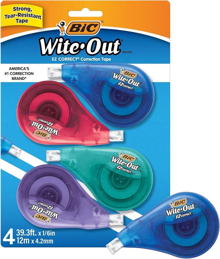BIC Wite-Out Brand EZ Correct Correction Tape, 19.8 Feet, 4-Count Pack Of White Correction Tape, Fast, Clean And Easy To Use Tear-Resistant Tape Office Or School Supplies - Black - View 1
