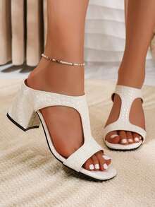 Women's Fashion T-Strap Thick Heel Slide Sandals, Square Toe High Heel Sandals - White - View 3