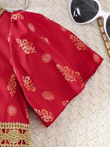 Girls' Spring/Summer New Ramadan Dress, Burgundy Foil Floral Pattern + Lace Crochet Trim, Children's Traditional Embroidered Formal Dress - Red - View 9