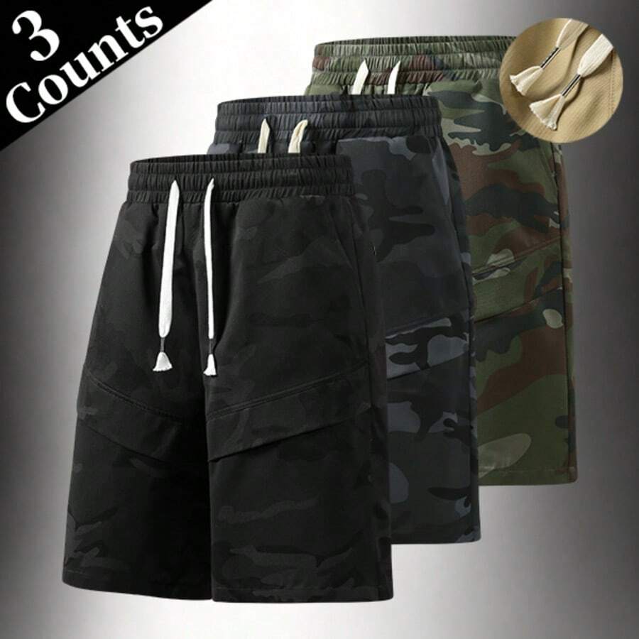 3pcs/Set Men's Casual Camouflage Cargo Shorts With Drawstring Waist, Spring/Summer - Multicolor - View 1