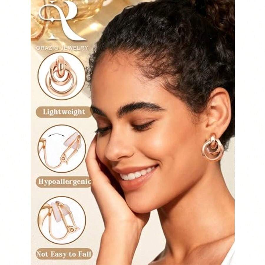 ORAZIO - Juego de 4 pares de aretes de clip para mujer arete de aro de plata y dorado con clip de lágrima aretes redondos y giros sin piercing-0142 - Oro rosa - Ver 1